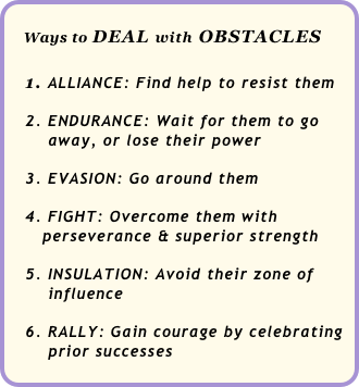 
    Ways to DEAL with OBSTACLES

   1. ALLIANCE: Find help to resist them
    
   2. ENDURANCE: Wait for them to go 
       away, or lose their power

   3. EVASION: Go around them

   4. FIGHT: Overcome them with 
      perseverance & superior strength

   5. INSULATION: Avoid their zone of 
       influence

   6. RALLY: Gain courage by celebrating 
       prior successes