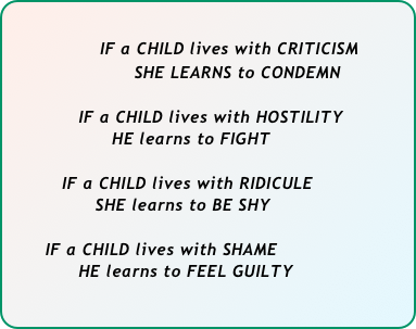       
              IF a CHILD lives with CRITICISM
                       SHE LEARNS to CONDEMN
 
             IF a CHILD lives with HOSTILITY
                   HE learns to FIGHT

          IF a CHILD lives with RIDICULE
                SHE learns to BE SHY
 
       IF a CHILD lives with SHAME
             HE learns to FEEL GUILTY
                                                                       