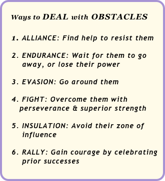 
    Ways to DEAL with OBSTACLES

   1. ALLIANCE: Find help to resist them
    
   2. ENDURANCE: Wait for them to go 
       away, or lose their power

   3. EVASION: Go around them

   4. FIGHT: Overcome them with 
      perseverance & superior strength

   5. INSULATION: Avoid their zone of 
       influence

   6. RALLY: Gain courage by celebrating 
       prior successes

