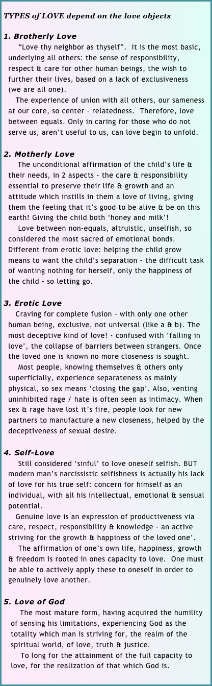 
TYPES of LOVE depend on the love objects

1. Brotherly Love
      “Love thy neighbor as thyself”.  It is the most basic, 
  underlying all others: the sense of responsibility, 
  respect & care for other human beings, the wish to 
  further their lives, based on a lack of exclusiveness 
  (we are all one). 
     The experience of union with all others, our sameness 
  at our core, so center - relatedness.  Therefore, love
  between equals. Only in caring for those who do not
  serve us, aren’t useful to us, can love begin to unfold.

2. Motherly Love
      The unconditional affirmation of the child’s life & 
  their needs, in 2 aspects - the care & responsibility 
  essential to preserve their life & growth and an 
  attitude which instills in them a love of living, giving 
  them the feeling that it’s good to be alive & be on this 
  earth! Giving the child both ‘honey and milk’!  
      Love between non-equals, altruistic, unselfish, so 
  considered the most sacred of emotional bonds. 
  Different from erotic love: helping the child grow 
  means to want the child’s separation - the difficult task
  of wanting nothing for herself, only the happiness of 
  the child - so letting go.

3. Erotic Love    
     Craving for complete fusion - with only one other 
  human being, exclusive, not universal (like a & b). The 
  most deceptive kind of love! - confused with ‘falling in 
  love’, the collapse of barriers between strangers. Once 
  the loved one is known no more closeness is sought. 
      Most people, knowing themselves & others only 
  superficially, experience separateness as mainly 
  physical, so sex means ‘closing the gap’. Also, venting 
  uninhibited rage / hate is often seen as intimacy. When 
  sex & rage have lost it’s fire, people look for new 
  partners to manufacture a new closeness, helped by the 
  deceptiveness of sexual desire.

4. Self-Love
      Still considered ‘sinful’ to love oneself selfish. BUT 
  modern man’s narcissistic selfishness is actually his lack 
  of love for his true self: concern for himself as an 
  individual, with all his intellectual, emotional & sensual 
  potential.
     Genuine love is an expression of productiveness via 
  care, respect, responsibility & knowledge - an active 
  striving for the growth & happiness of the loved one’.  
      The affirmation of one’s own life, happiness, growth 
  & freedom is rooted in ones capacity to love.  One must 
  be able to actively apply these to oneself in order to 
  genuinely love another.

5. Love of God  
       The most mature form, having acquired the humility 
   of sensing his limitations, experiencing God as the 
   totality which man is striving for, the realm of the 
   spiritual world, of love, truth & justice.
       To long for the attainment of the full capacity to 
   love, for the realization of that which God is.































