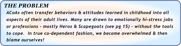 THE PROBLEM
   ACoAs often transfer behaviors & attitudes learned in childhood into all 
   aspects of their adult lives. Many are drawn to emotionally hi-stress jobs 
   or professions - mostly Heros & Scapegoats (see pg 15) - without the tools 
   to cope.  In true co-dependent fashion, we become overwhelmed & then 
   blame ourselves!