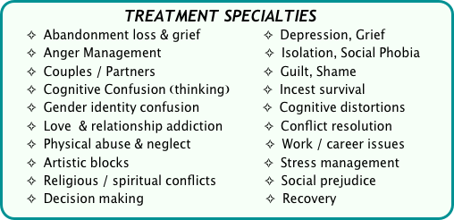                                 TREATMENT SPECIALTIES
      ✧  Abandonment loss & grief                 ✧  Depression, Grief       ✧  Anger Management                            ✧  Isolation, Social Phobia       ✧  Couples / Partners                             ✧  Guilt, Shame        ✧  Cognitive Confusion (thinking)         ✧  Incest survival       ✧  Gender identity confusion                 ✧  Cognitive distortions       ✧  Love  & relationship addiction           ✧  Conflict resolution       ✧  Physical abuse & neglect                    ✧  Work / career issues       ✧  Artistic blocks                                    ✧  Stress management       ✧  Religious / spiritual conflicts             ✧  Social prejudice     
      ✧  Decision making                                   ✧  Recovery