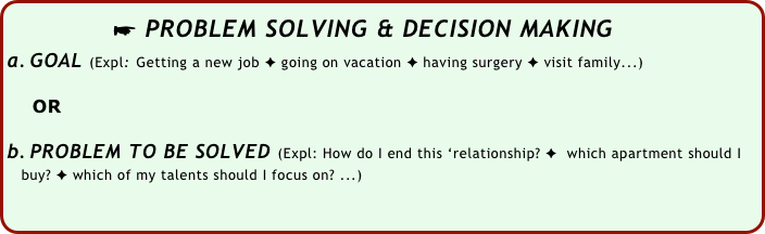             ☛ PROBLEM SOLVING & DECISION MAKING
GOAL (Expl: Getting a new job ✦ going on vacation ✦ having surgery ✦ visit family...)

     OR

PROBLEM TO BE SOLVED (Expl: How do I end this ‘relationship? ✦  which apartment should I 
   buy? ✦ which of my talents should I focus on? ...)