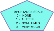 

    IMPORTANCE SCALE
             0 -  NONE
          1 -  A LITTLE
        2 -  SOMETIMES
      3  - VERY MUCH